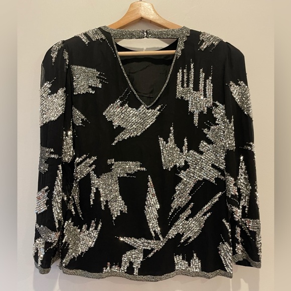 Vintage Oleg Cassini black and silver beaded sequin evening top 80s 90s size S - Picture 2 of 9